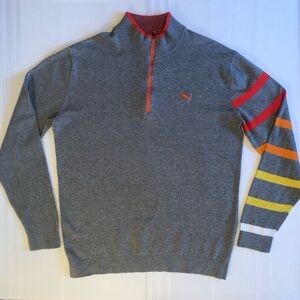 Puma Gray Fine Gage 1/4 Zip PullOn Sweater w/Colorful Stripe Sleeve Accent Sz L